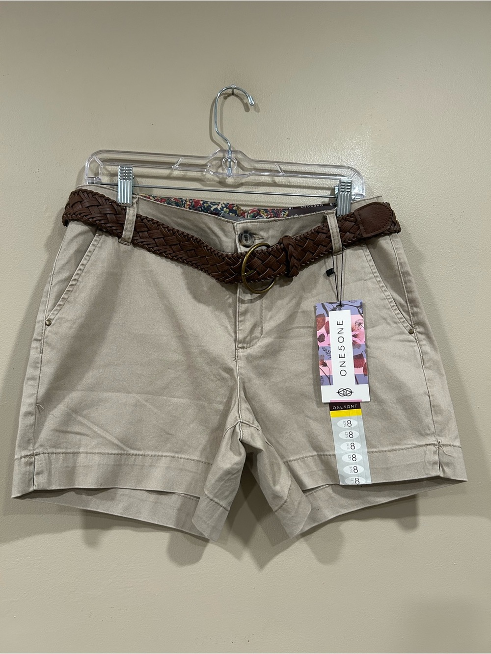 One 5 One Women's Khaki Shorts with Embroidered Belt Size 8  NWT